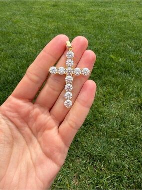 Gold Sterling Silver Cross Pendant with Moissanite Diamonds